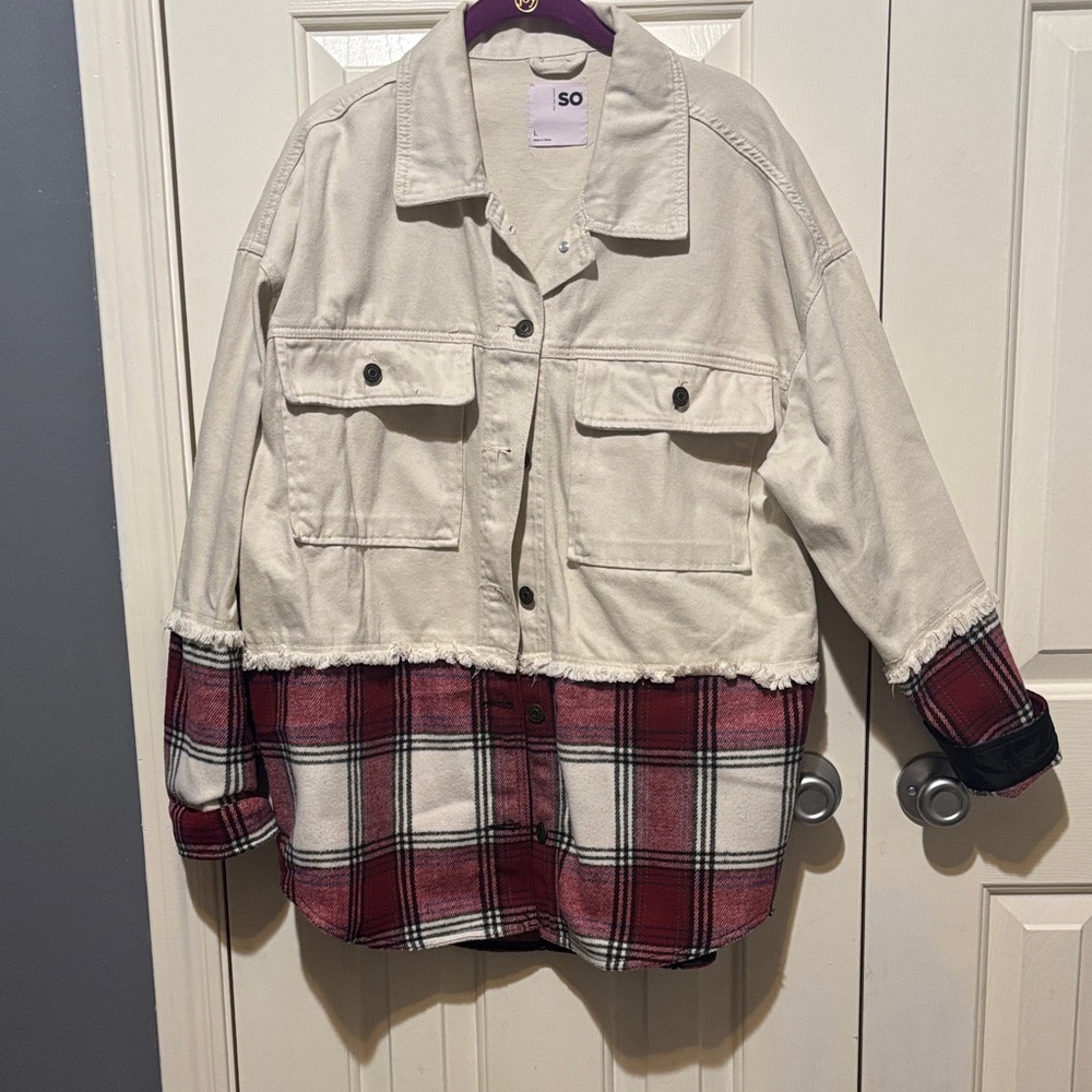 Junior SO Cream and Red Plaid Mixed Media Jacket